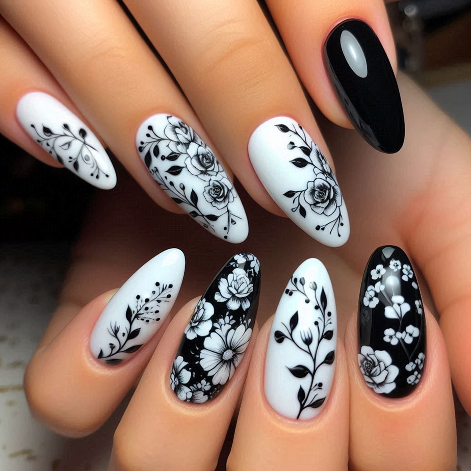 24Pcs Almond Fake Nails Black/ - Pressed Flower Art 리뷰 및 가격