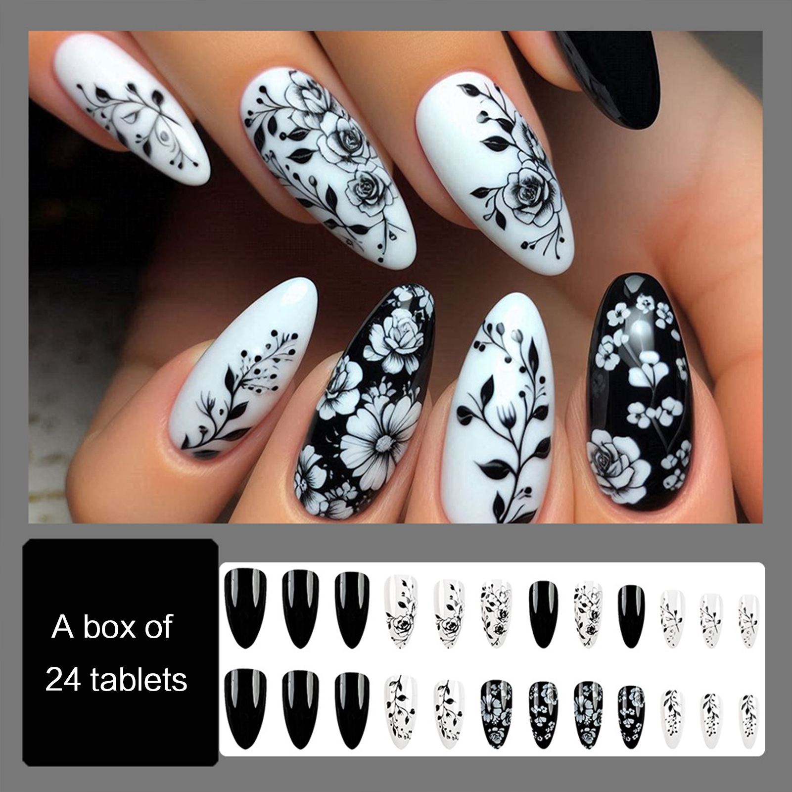 24Pcs Almond Fake Nails Black/ - Pressed Flower Art 리뷰 및 가격